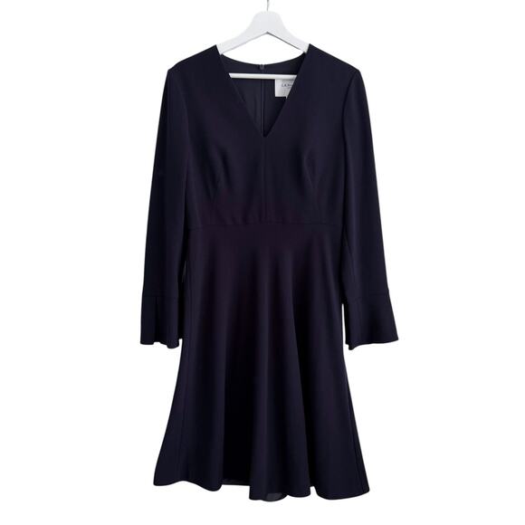 L.K. Bennett Amana Dress Size US 8 Navy Fit & Flare Long Sleeve V-Neck - Picture 3 of 7